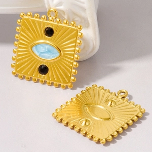 Vintage gold square pendants with blue eye detail and beaded edges for DIY jewelry