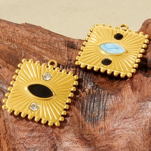 Vintage stainless steel square pendants with sunburst eye design and enamel inlay