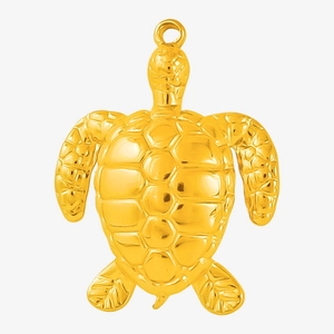 Detailed view of sea turtle pendant with hexagonal textures in polished gold steel