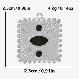 Detailed dimensions of silver vintage square eye pendant with wavy edges and black enamel