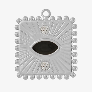 Macro detail of retro stainless steel square pendant with black enamel and zircons