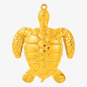 Detailed macro view of a polished golden sea turtle pendant with realistic shell texture