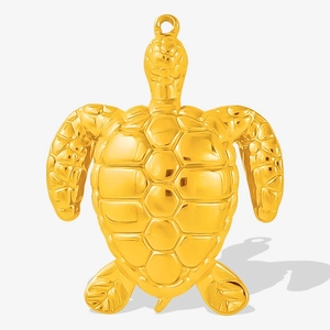 Detailed macro view of a 304 stainless steel golden sea turtle pendant with embossed shell