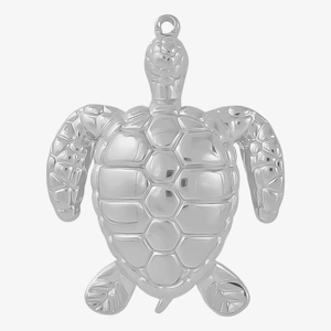 Detailed view of polished 304 stainless steel sea turtle pendant with a top hanging loop