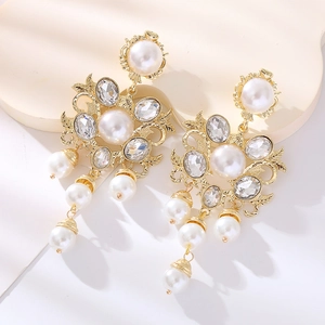Vintage baroque gold earrings with white pearls and sparkling crystal tassels for women