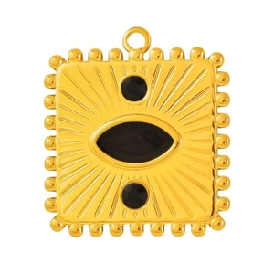 Vintage golden stainless steel square evil eye pendant with black enamel sunburst detail