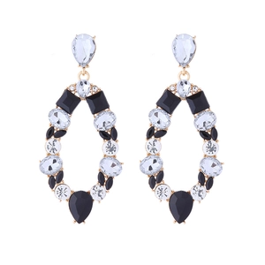 Golden alloy hoop earrings with colorful crystals in geometric oval hollow design