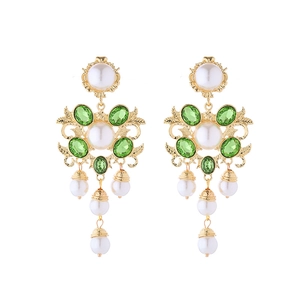 Vintage baroque gold floral earrings with green emerald gems and pearl tassel fringes