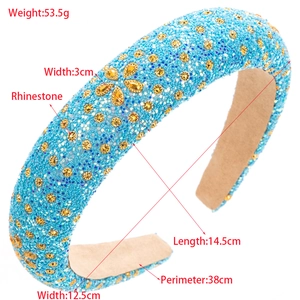 Baroque sky blue rhinestone headband with gold floral accents and size dimensions