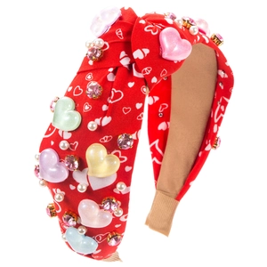 Serre-tête large noué rouge avec breloques en forme de cœur et perles pour femmes