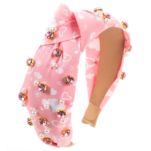 Serre-tête rose à motif cœur avec perles et strass et design de nœud à la mode