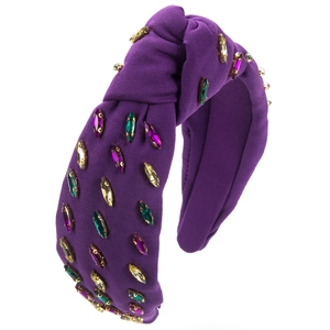 Baroque wide headband with dark purple knotted fabric and colorful rhinestone embellishments
