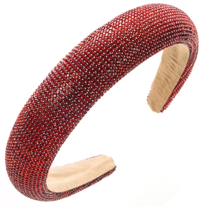 Detail of red rhinestone headband featuring thick sponge padding and anti-slip velvet lining