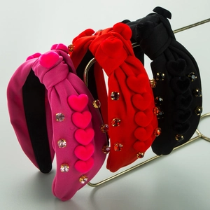 Barock Herz Geknotetes Breites Haarband Für Damen Samtstoff Strass Eingelegt Süßer Haarreifen Valentinstag Kopfschmuck