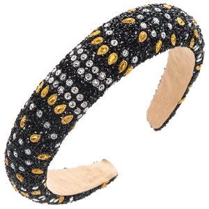 Detail shot of luxury wide sponge headband with gold teardrop rhinestones and crystals