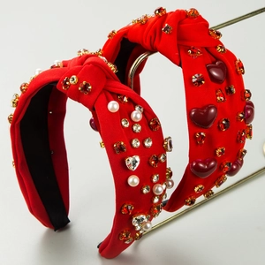 Fashion Women Knotted Wide Fabric Headband Rhinestone Heart Artificial Pearl Hair Band Sweet Vintage Hair Hoop Party Accessory