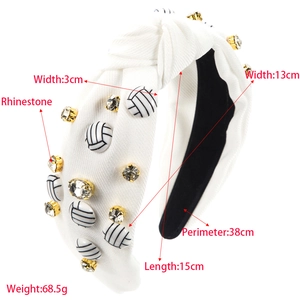 Serre-tête noué blanc avec strass et perles rayées montrant les dimensions du produit
