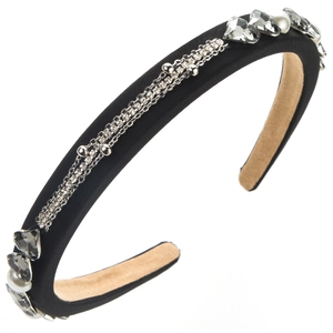 Eleganter schwarzer Schwamm-Haarreif mit Strass, Perlen und Silberketten im Vintage-Stil