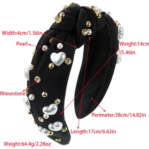 Baroque knotted headband with pearls and rhinestones on black fabric for women