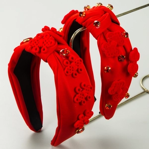 Women Fashion Red Wide Fabric Headband With Chinese Knot Pattern Alloy Rhinestone Embellishment Festive Hair Accessory