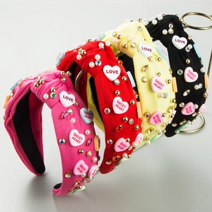 Sweet Baroque Knotted Headband Rhinestone Imitation Artificial Pearl Heart Patch Fabric Hair Hoop For Women Valentine Party Jewelry
