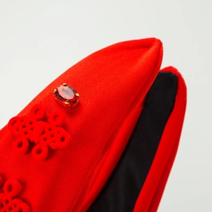 Red knot headband for women with festive rhinestone embellishments and luxury fabric texture