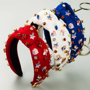Serre-tête Noué pour Femmes Drapeau USA Jour de l'Indépendance Bandeau Patriotique Rouge Blanc Bleu Strass Étoiles Breloques Émail Accessoires Cheveux