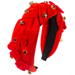 Red knotted headband for women with sparkling rhinestones and velvet bows decor