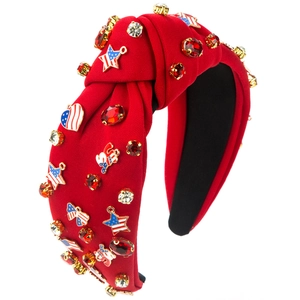 Serre-tête rouge avec breloques drapeau USA, strass et étoiles pour la Fête Nationale
