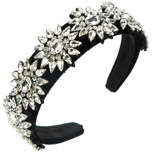 Vintage black velvet wide headband with sparkling crystal floral clusters and rhinestones