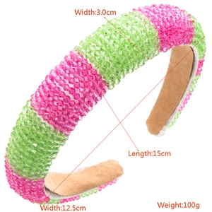 Pink and green crystal beaded headband with non-slip suede lining for women