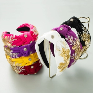 Women Knotted Fabric Headband Vintage Handmade Beadwork Rhinestone Flower Leaf Wide Hairband Party Wedding Hair Accessories