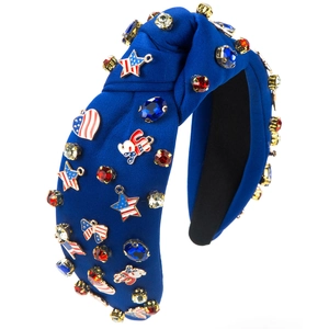 Serre-tête noué bleu roi avec breloques drapeau américain et strass multicolores