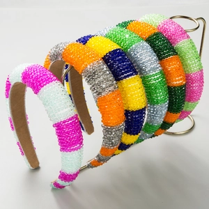 Crystal Beaded Color Blocking Stripe Headband Fashion Hair Band With Anti-slip Lining For Women Daily Party Hair Accessories