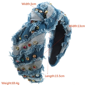 Retro denim knotted headband for women with colorful rhinestones and frayed edges