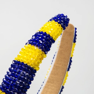 Blue and yellow beaded headband with faceted crystals and anti-slip suede lining