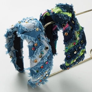 Women Vintage Denim Fabric Knotted Wide Headband Distressed Frayed Edge Rhinestone Embellished Fashion Hair Hoop Accessory