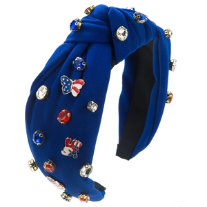 Serre-tête noué bleu avec charms drapeau USA et décorations en strass multicolores