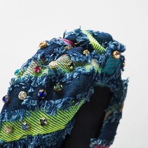 Vintage denim headband for women with multi-color rhinestones and frayed edges