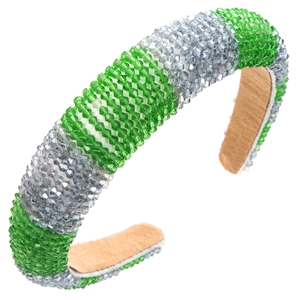 Padded crystal beaded headband featuring emerald green and silver-grey faceted glass beads