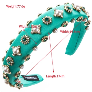 Baroque green satin headband with pearls and rhinestones, 3.5cm wide luxury hair accessory