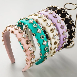 Baroque Padded Sponge Headband For Women Vintage Satin Headband With Artificial Pearl Rhinestone Flower Fashion Hair Accessories