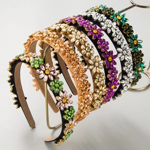 Baroque Wide Headband Fabric Wrapped Alloy Glass Rhinestone Flower Pattern Hairband For Women Fashion Jewelry Hair Accessories
