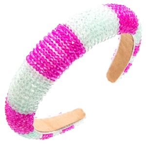 Detail of pink and mint green crystal beaded headband with non-slip brown suede inner lining