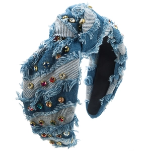 Retro denim wide headband with colorful rhinestones and elegant knot design in dark blue