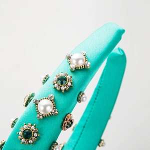 Baroque green satin sponge headband with luxury faux pearls and vintage gold rhinestones