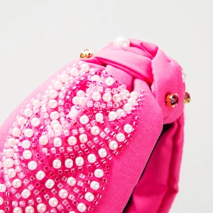 Pink knotted headband with hand-sewn pearls and floral crystal beads for women