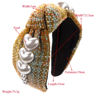Fashion wide knotted headband with pearl hearts and multi-color woven fabric design