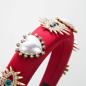 Baroque red sponge headband with heart pearls and crystal evil eye metal ornaments