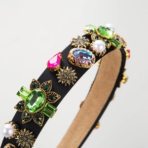 Baroque retro headband with green crystals, pink stones and pearls on black satin finish